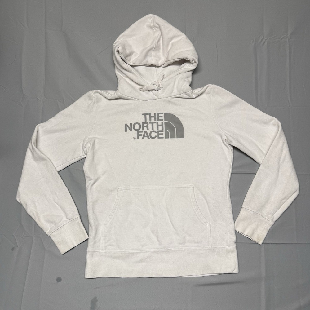The North‎ Face Women's Size Small Hoodie Sweatshirt Front Spell Out White Grey